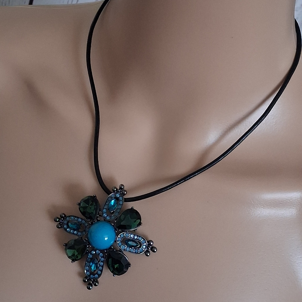 Lia Sophia Blue and Green Pendant Necklace On Black Cord - Picture 11 of 11